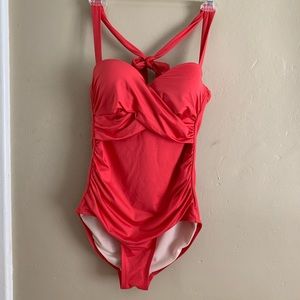 MERONA Swimsuit One Piece Coral Modest Halter Tie Underwire Ruching Small